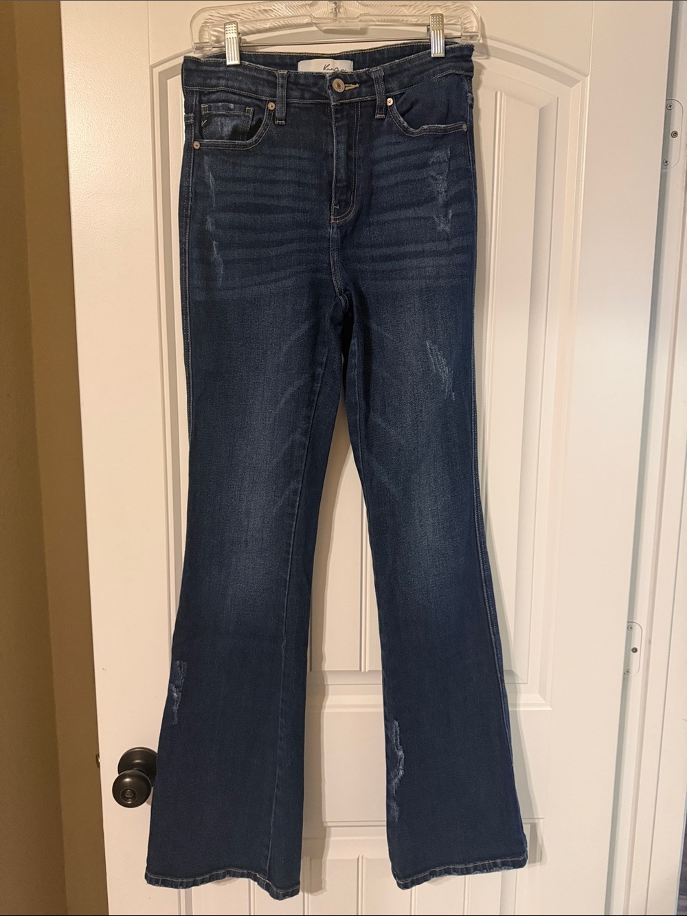 KanCan Dark Wash High Rise Flare Jeans Distressed Stretch Denim